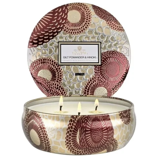 Voluspa 3-Wick Candle Decorative Tin Gilt Pomander & Hinoki 340g Discount