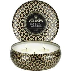 Voluspa 3-Wick Candle Decorative Tin Burning Woods 340g Online