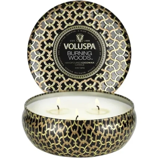 Voluspa 3-Wick Candle Decorative Tin Burning Woods 340g Online