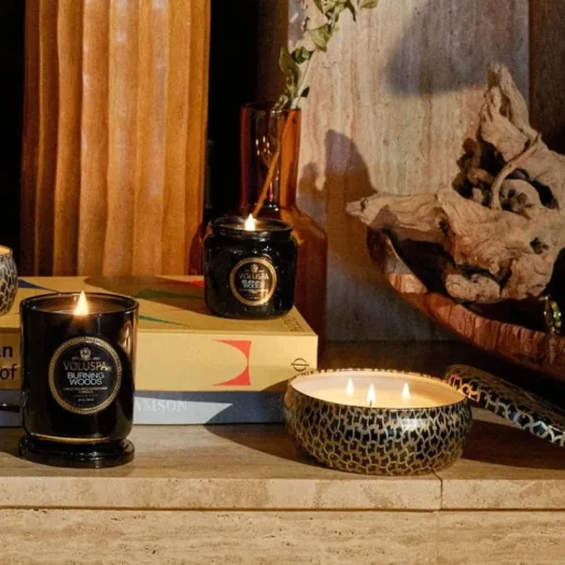 Voluspa 3-Wick Candle Decorative Tin Burning Woods 340g Online