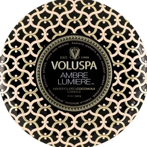 Voluspa 3-Wick Candle Decorative Tin Ambre Lumiere 340g Fashion