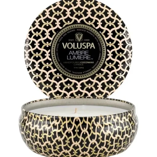 Voluspa 3-Wick Candle Decorative Tin Ambre Lumiere 340g Fashion